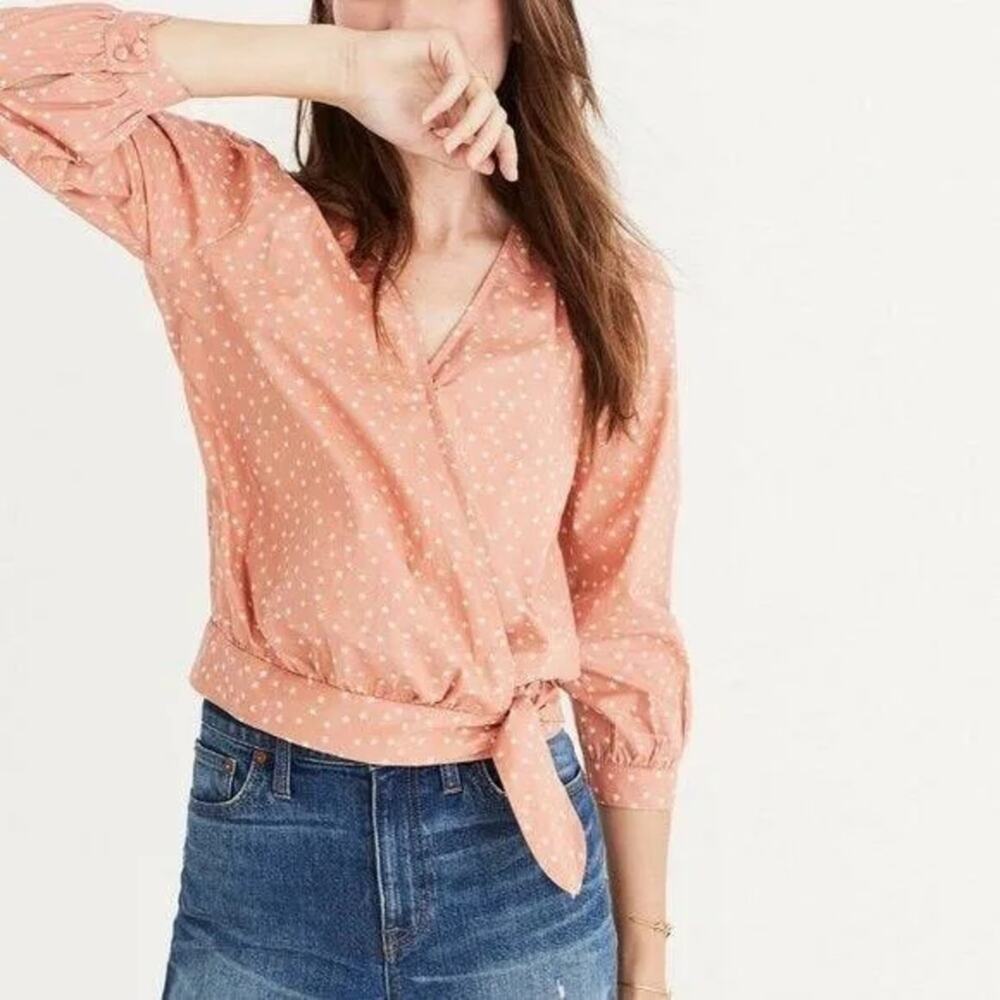 Madewell Coral Orange 3/4 Sleeve Tie Front Wrap Scattered Star Blouse Top Size S
